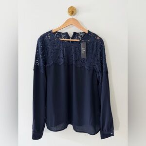 Lulu's Navy Lace Yoke Long Sleeve Blouse